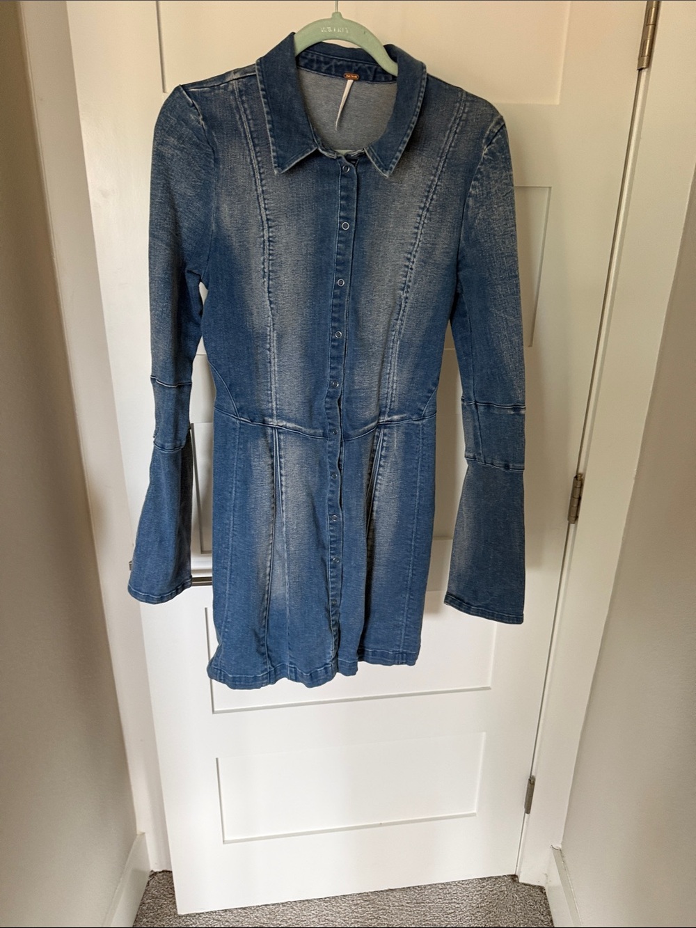 Denim mini dress snap front.